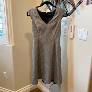 Grey plaid shift dress.